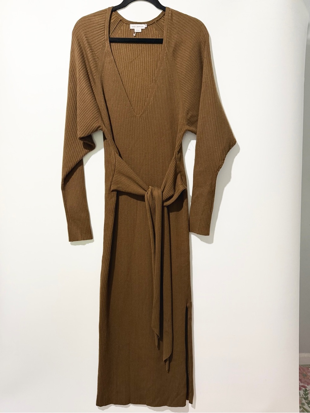 Good American Ribbed Long Sleeve V Neck Sweater Body Dress Brown Size 3/4 NWOT